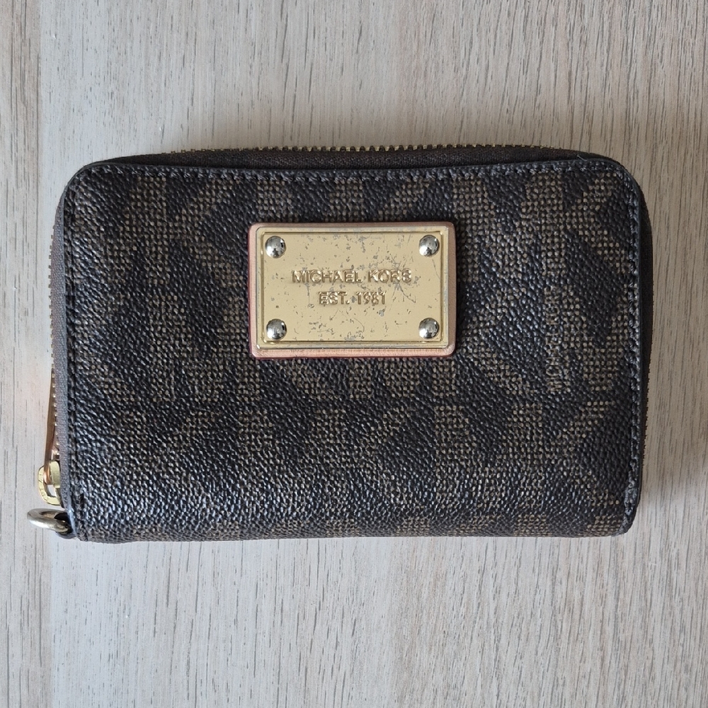 Michael Kors Dark Brown Monogram Zip Card Wallet with Gold Plaque